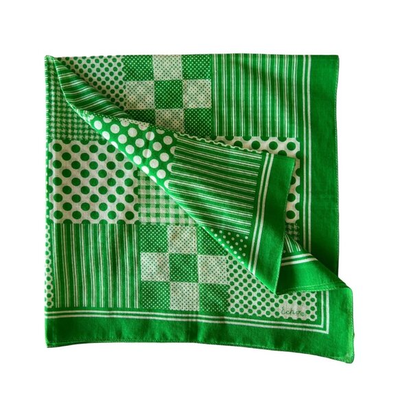Vintage ECHO Cotton Scarf Green Bandana Patchwork Stripes Polka Dot 26 x 26 - Picture 4 of 8